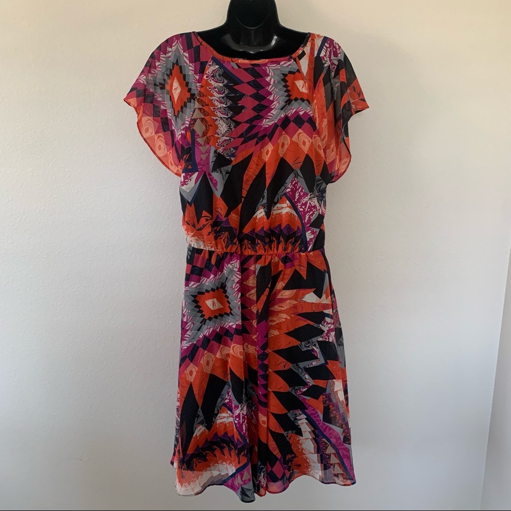 MSK Multicolor Geometric Tribal Print Cold Shoulder Fit and Flare Dress - Picture 6 of 9